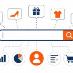 Webサイトの検索窓を中央に置き、お客様が探している商品の吹き出しと分析要素のアイコンを上下に配置して、検索キーワードから顧客の本音を読むテーマを表現したイメージ