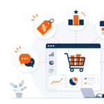 ECカートの管理画面を中心に、セール、ランキング、検索、チャット、配送などの販促機能が連携しているイラスト